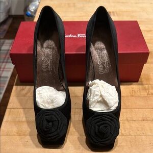 Salvatore Ferragamo Black silk kitten heels